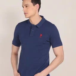 U.S. Polo Assn. Men Blue Solid Polo Collar Pure Cotton Slim Fit T-shirt image 3