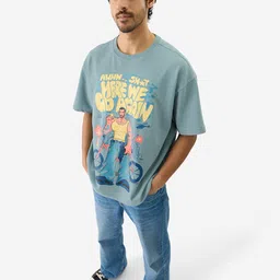 The Souled Store Men Green Typography Printed Pure Cotton Oversized T-shirt image 4