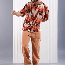 The Indian Garage Co Beige Abstract Printed Drop Shoulder Sleeves Oversized T-shirt image 5