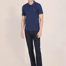 U.S. Polo Assn. Men Blue Solid Polo Collar Pure Cotton Slim Fit T-shirt image 5
