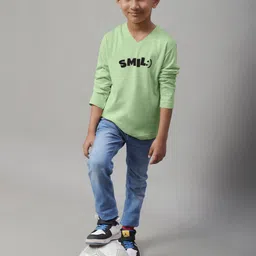 Friskers Boys Sea Green Typography V-Neck Applique T-shirt image 2