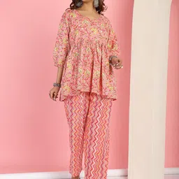 TAG 7 Ethnic Motifs Printed Pure Cotton Pleated A-Line Kurti With Trouser-picture-41