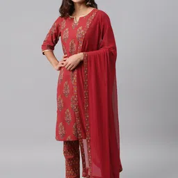 Gerua By Libas Women Red Yellow Ethnic Motifs Printed Pure Cotton Kurta with Trousers Dupatta image 1