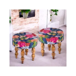 Ikiriya Roswell Sheesham Wood Pack of 2 Stools Fruit Print Blue Kantha Teak Finish (1 Year Warranty) image 1