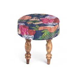 Ikiriya Roswell Sheesham Wood Pack of 2 Stools Fruit Print Blue Kantha Teak Finish (1 Year Warranty) image 2