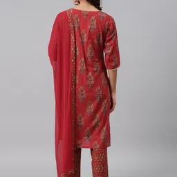 Gerua By Libas Women Red Yellow Ethnic Motifs Printed Pure Cotton Kurta with Trousers Dupatta image 3