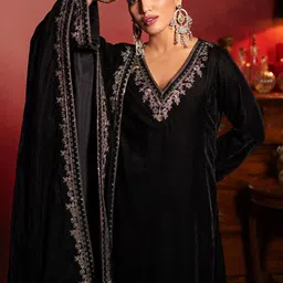 Ishin Embroidered Yoke Design Thread Work Straight Velvet Kurta With Trousers & Dupatta image 5