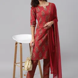 Gerua By Libas Women Red Yellow Ethnic Motifs Printed Pure Cotton Kurta with Trousers Dupatta image 2
