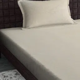HOSTA HOMES Cream-Coloured 300 TC Single Fitted Bedsheet with 1 Pillow Cover image 3