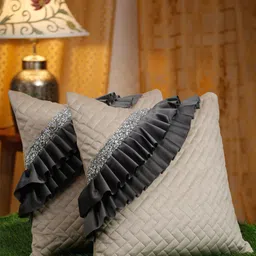 HOSTA HOMES Cream-Coloured & Black 2 Pieces Embroidered Square Cushion Covers-image-85