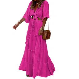 quecy Summer Fashion Two-Piece Set Deep V-Neck Top & Long Flared Skirt Rose-red Co-ord Set for Women image 1