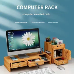 MUGATH Wooden Monitor Stand with Storage Organizer for Desk, Table, Office, Home, Study Table,Monitor Riser Stand with Storage Shelf and Lockable Drawer image 2