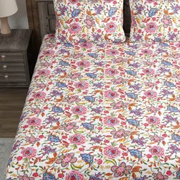 Sangria White & Green Floral Cotton 210 TC King Fitted Bedsheet With 2 Pillow Covers image 3