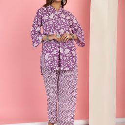 TAG 7 Floral Printed Mandarin Collar Pure Cotton Top With Trouser-image-15