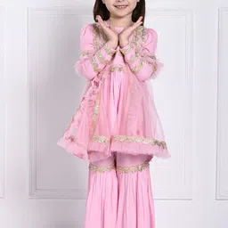 THE PONY & PEONY CO. Girls Embroidered Regular Gotta Patti Kurti with Sharara & With Dupatta image 1