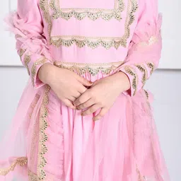 THE PONY & PEONY CO. Girls Embroidered Regular Gotta Patti Kurti with Sharara & With Dupatta image 2
