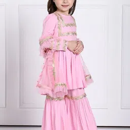 THE PONY & PEONY CO. Girls Embroidered Regular Gotta Patti Kurti with Sharara & With Dupatta image 3