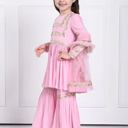 THE PONY & PEONY CO. Girls Embroidered Regular Gotta Patti Kurti with Sharara & With Dupatta image 4
