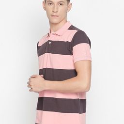 Basics Men Pink & Brown Striped Polo Collar Slim Fit T-shirt-picture-35