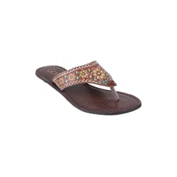 Catwalk T-Strap Open Back Printed Slip On Flats Tan-image-5