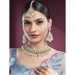 Peora Gold Plated Kundan Pink Mint Beads Studded Necklace Earrings and Maangtikka (Set of 3)-picture-13