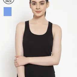 Friskers Women Pack Of 2 Black & Turquoise Blue Solid Premium Cotton Tank Tops-image-7