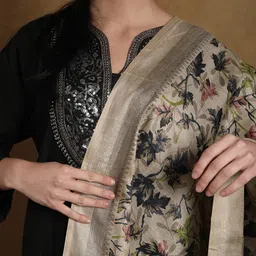 Exotic India Black Onyx Art Silk Maple Leaf Printed Silk Dupatta with Tassels image 5