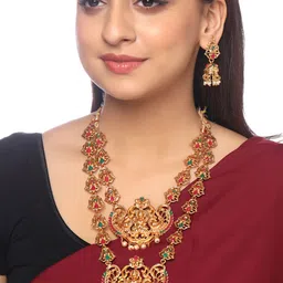 Yellow Chimes Woman Set Of 2 Gold-Plated Oxidised Stone-Studded Temple Jewellery Set-image-90