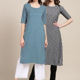 7threads KALINI Women Pack of 2 Blue & Black Printed Crepe Kurta-picture-26