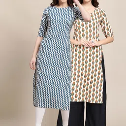 7threads KALINI Women Blue & White  PACK OF 2 Geometric Printed Thread Work Block Print Crepe Kurta-picture-24