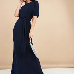 Styli Blue Short Sleeves Round Neck A-Line Maxi Dress with Self Tie-picture-26