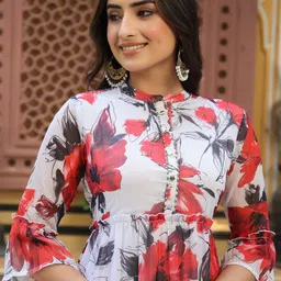 Juniper White & Red Floral Printed Mandarin Collar Pleated Chiffon Tiered Midi Dress image 2