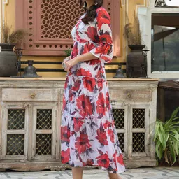 Juniper White & Red Floral Printed Mandarin Collar Pleated Chiffon Tiered Midi Dress image 3