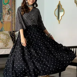 Rustorange Women Black & White  Bandhani & Stone Printed Tiered Dress with Flared Sleeves image 3