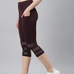 Blinkin Women Maroon Solid Mesh Paneled 3/4th Gym Tights image 2