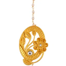 Silvermerc Designs Gold-Plated  White Kundan-Studded  Pearl Beaded Floral Maang Tikka image 4