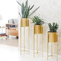 homedeco HOME DECO® Modern Metal Floor Flower Stands Planter for Living Room Bedroom Display Plant Stand Tall Indoor Plant Stand with Planter Pot -Set of 3 gold with gamla printed pots image 2