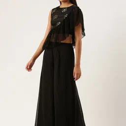 Ethnovog Women Black Sequin Floral Embellished Ready To Wear Top with Palazzo image 4