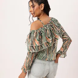 DressBerry Charming Ruffles, Feminine Grace One Shoulder Semi Sheer Top image 5