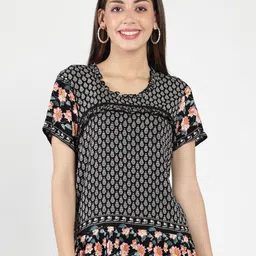 DEBONATELLA Women Black Floral Print Ruffles Crepe Top-picture-18