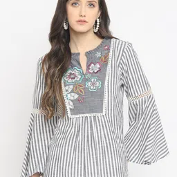 Taurus Grey Striped Keyhole Neck Pure Cotton Top-image-1
