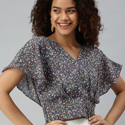 SHOWOFF Women Blue Floral Printed Georgette Styled Back Crop Top-picture-14