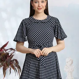 TOOCHKI Polka Dot Printed Flared Sleeve Cinched Waist Longline Top-picture-3
