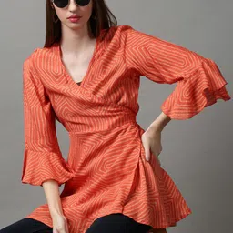 SHOWOFF Orange & White Geometric Print Wrap Longline Top-image-43