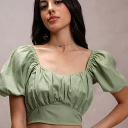 Tokyo Talkies Green Sweetheart Neck Crop Top-image-1