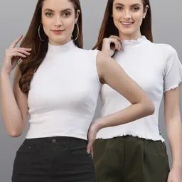 Friskers White Pack of 2 Sleeveless and Half Sleeve Turtle Neck Crop Top-picture-35