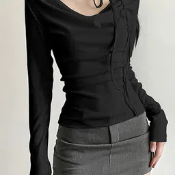 LULU & SKY Self Design Cowl Neck Long Sleeves Tie-up Fitted Top-picture-15