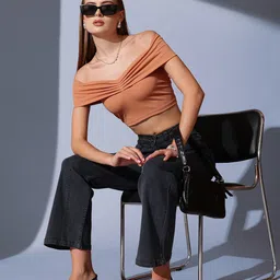 STREET 9 Off-Shoulder Solid Crop Bardot Top image 1