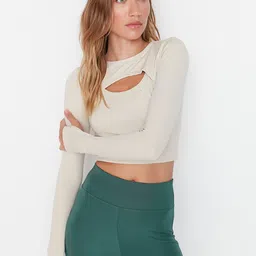 Trendyol Women Tan Solid Polyester Crop Top-picture-25