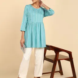 House Of Zelena Striped Round Neck Three-Quarter Sleeves Casual Top-picture-10